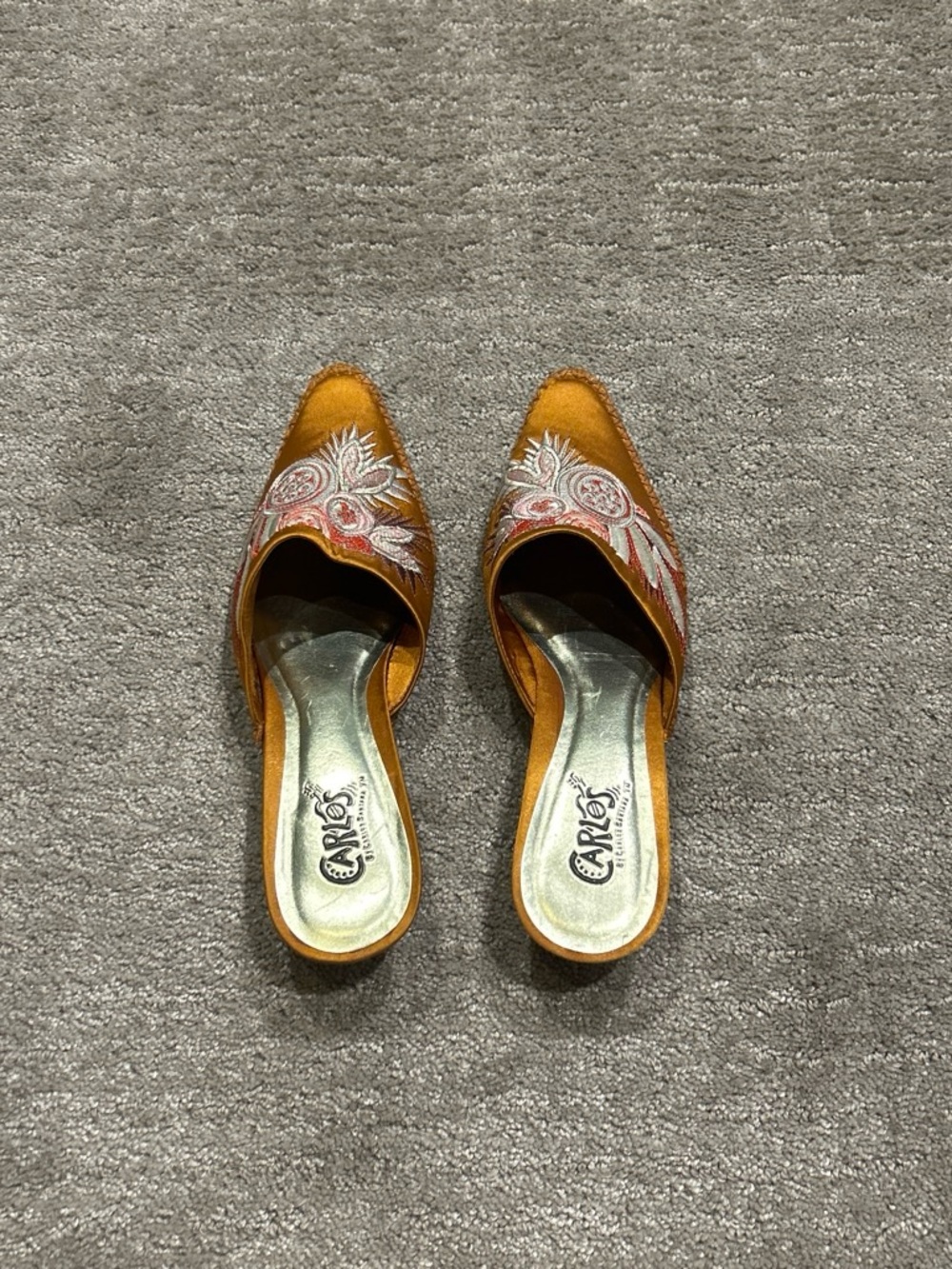 Carlos by Carlos Santana Mustard Slip-On Mules with Pink & Cream Embroidery